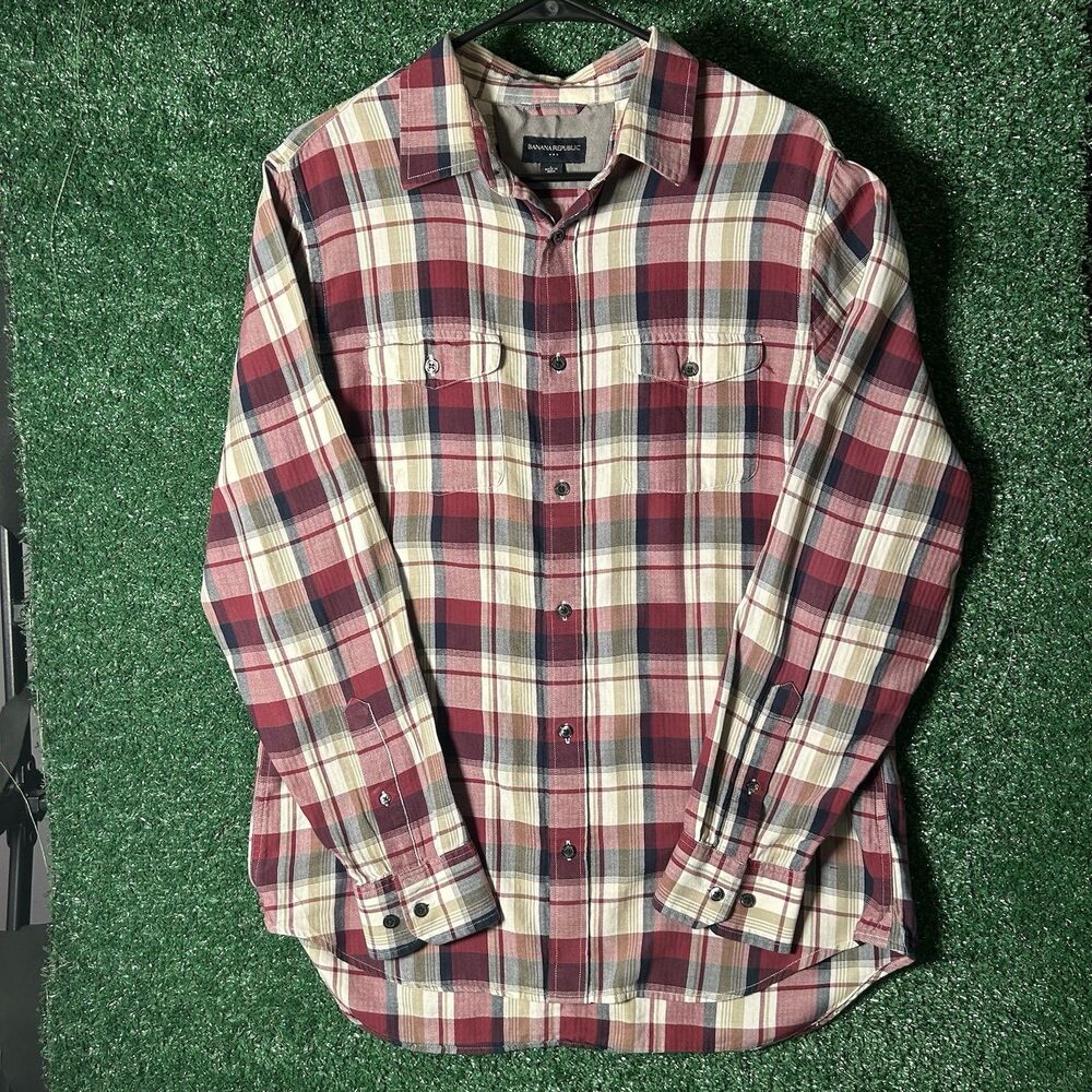 Banana Republic Plaid Shirt Mens Large Red Beige Navy Button Front Pockets